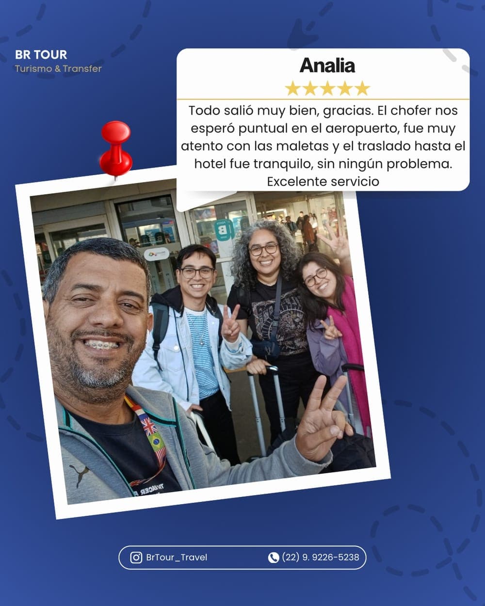 Publicação da BR Tour no Instagram com o depoimento de Analia e a foto do grupo no aeroporto