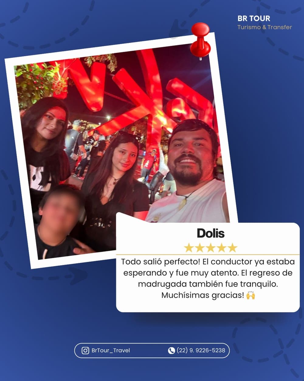 Publicação da BR Tour no Instagram com o depoimento de Dolis e a foto do grupo durante o passeio noturno
